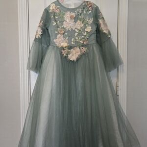 Elegant Floral Embroidered Kids Formal Dress - Green